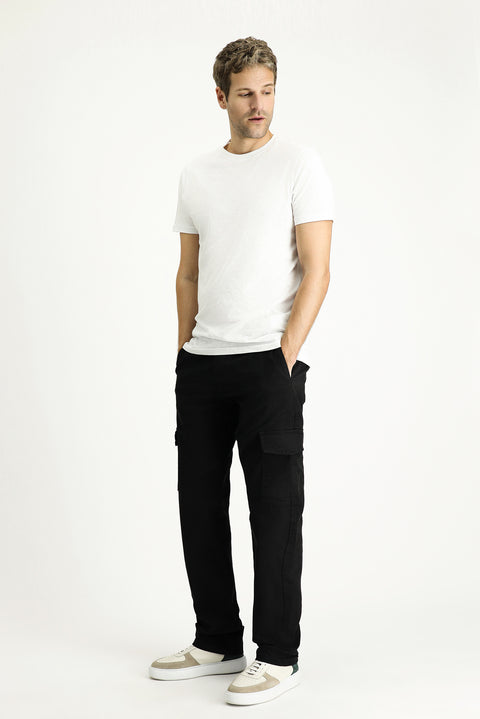 Siyah Regular Fit Standart Kesim Likralı Kargo Pantolon