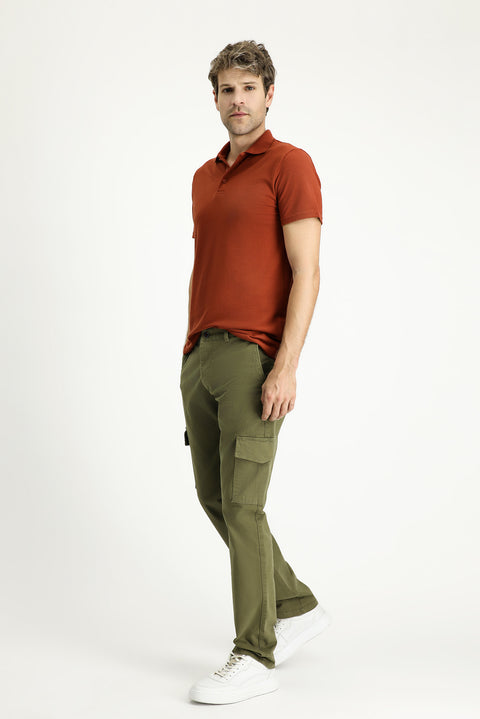 Military Khaki Regular Fit Standard Cut Lycra Cargo Pants