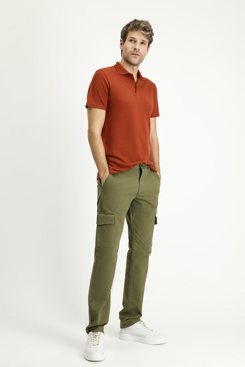 Military Khaki Regular Fit Standard Cut Lycra Cargo Pants