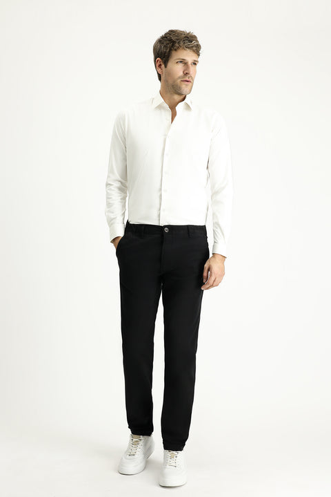 Black Regular Fit Standard Cut Elasticated Waist Stretchy Canvas / Chino Trousers