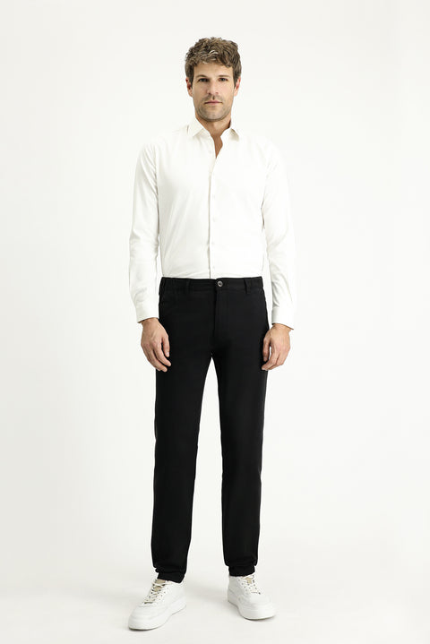 Black Regular Fit Standard Cut Elasticated Waist Stretchy Canvas / Chino Trousers