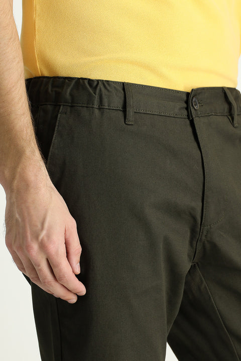 Dark Khaki Regular Fit Standard Cut Elastic Waist Lycra Chino/Canvas Trousers