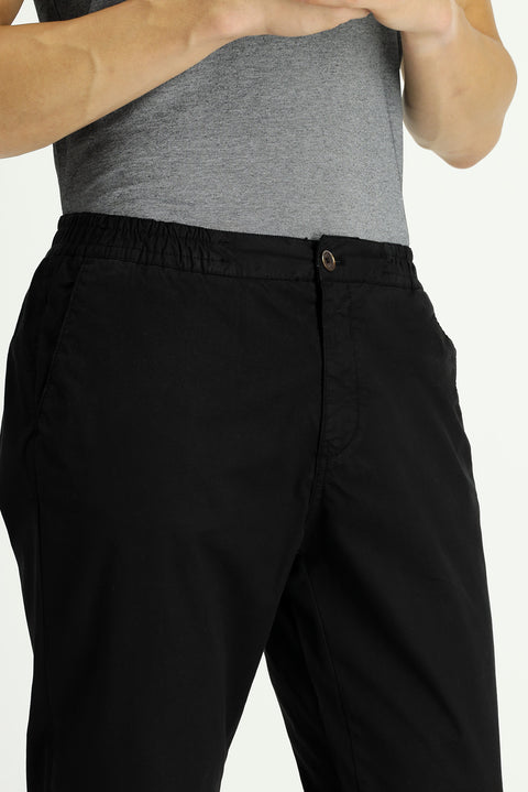 Siyah Regular Fit Standart Kesim Beli Lastikli Likralı Kanvas / Chino Pantolon