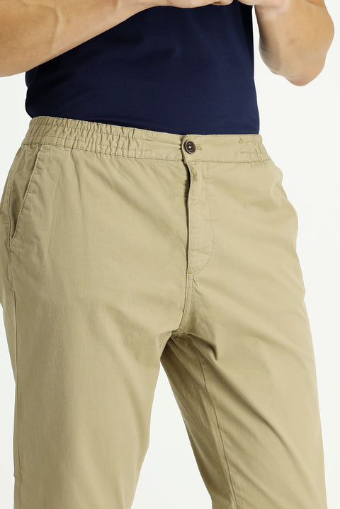 Orta Bej Regular Fit Standart Kesim Beli Lastikli Likralı Kanvas / Chino Pantolon
