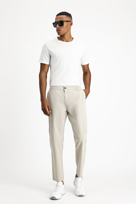 Light Mink Regular Fit Standard Cut Elasticated Waist Stretchy Canvas / Chino Trousers