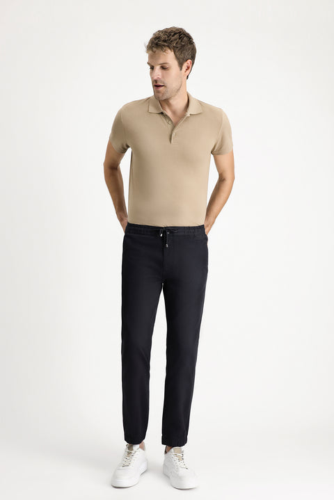 Dark Navy Regular Fit Standard Cut Lycra Elasticated Waist Drawstring Trousers