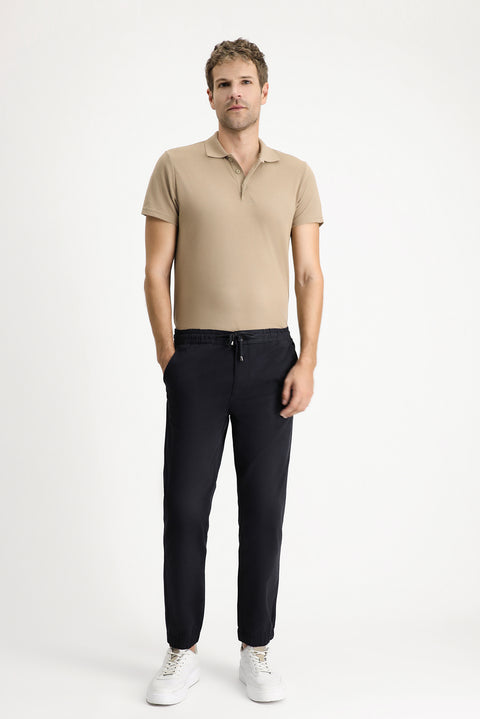 Dark Navy Regular Fit Standard Cut Lycra Elasticated Waist Drawstring Trousers