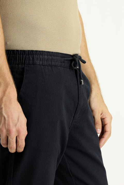 Dark Navy Regular Fit Standard Cut Lycra Elasticated Waist Drawstring Trousers