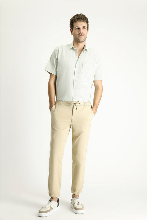 Light Beige Regular Fit Standard Cut Elasticated Waist Drawstring Trousers