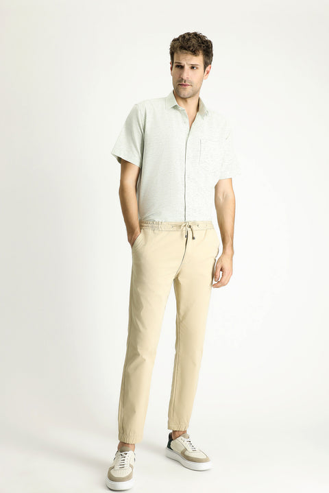 Light Beige Regular Fit Standard Cut Elasticated Waist Drawstring Trousers