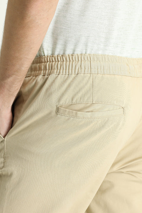 Light Beige Regular Fit Standard Cut Elasticated Waist Drawstring Trousers