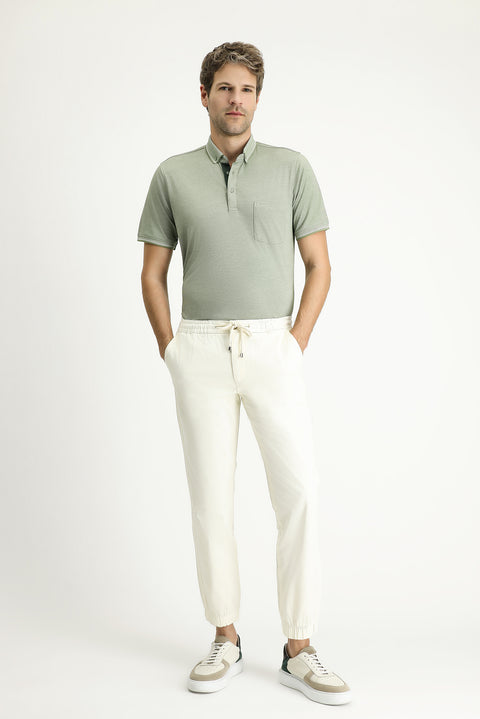 Cream Regular Fit Standard Cut Lycra Elasticated Waist Drawstring Trousers
