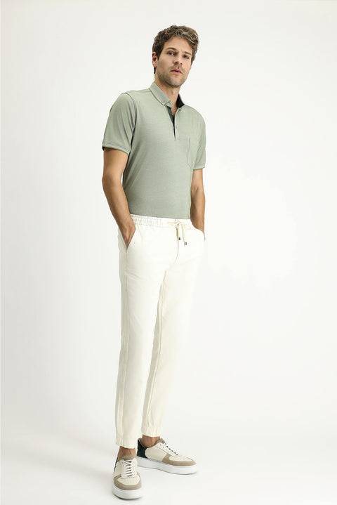 Cream Regular Fit Standard Cut Lycra Elasticated Waist Drawstring Trousers