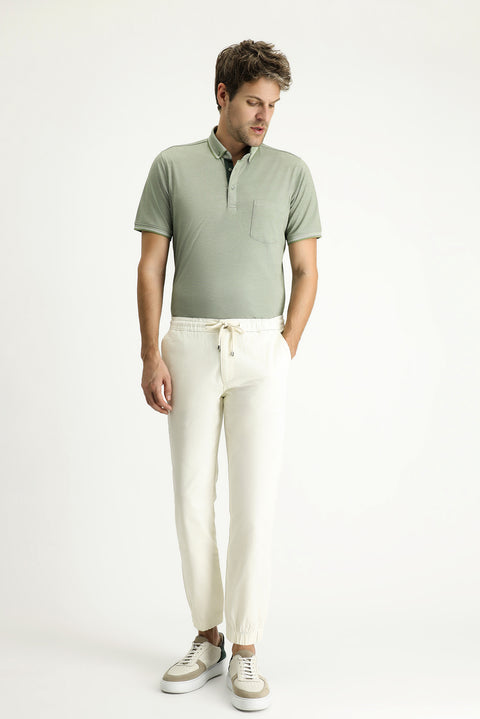 Cream Regular Fit Standard Cut Lycra Elasticated Waist Drawstring Trousers