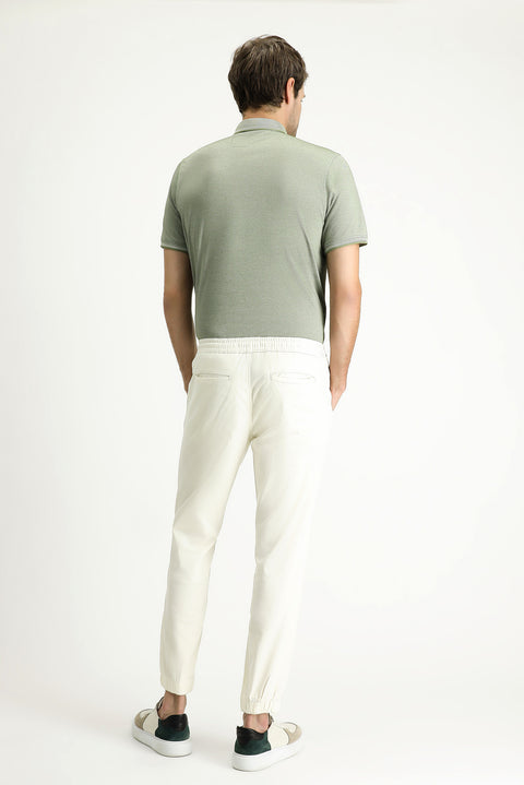 Cream Regular Fit Standard Cut Lycra Elasticated Waist Drawstring Trousers