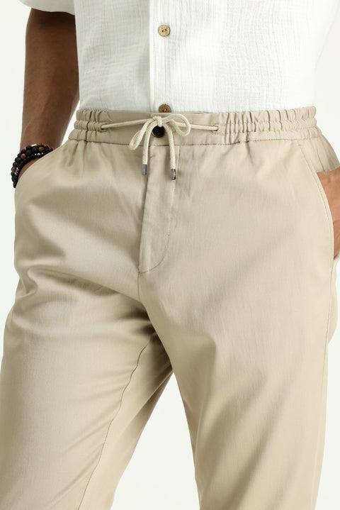 Orta Bej Slim Fit Dar Kesim Beli Lastikli İpli Likralı Jogger Pantolon