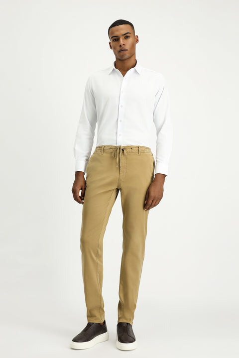Dark Beige Regular Fit Standard Cut Elasticated Waist Drawstring Stretchy Jogger Pants