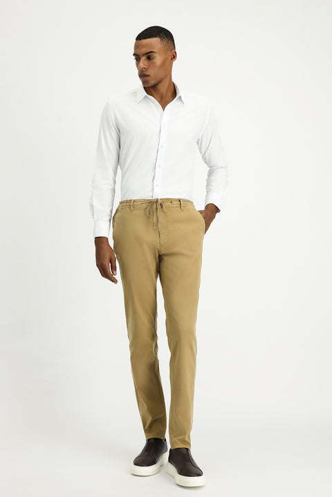 Dark Beige Regular Fit Standard Cut Elasticated Waist Drawstring Stretchy Jogger Pants