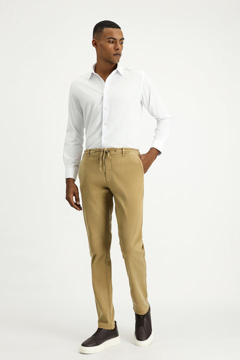 Dark Beige Regular Fit Standard Cut Elasticated Waist Drawstring Stretchy Jogger Pants