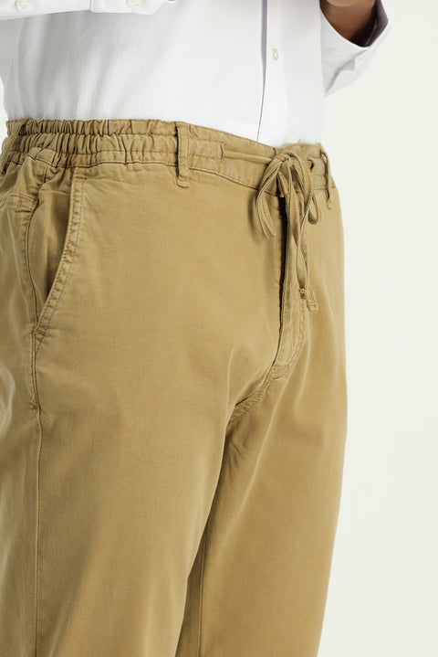 Dark Beige Regular Fit Standard Cut Elasticated Waist Drawstring Stretchy Jogger Pants