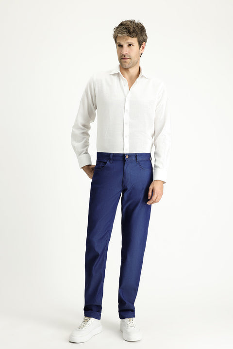 Dark Blue Regular Fit Standard Cut Lycra Denim Look Trousers