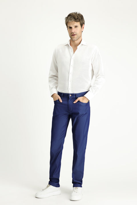 Dark Blue Regular Fit Standard Cut Lycra Denim Look Trousers