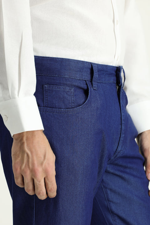Dark Blue Regular Fit Standard Cut Lycra Denim Look Trousers