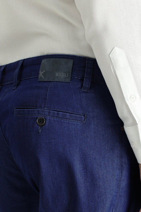 Dark Blue Regular Fit Standard Cut Lycra Denim Look Trousers