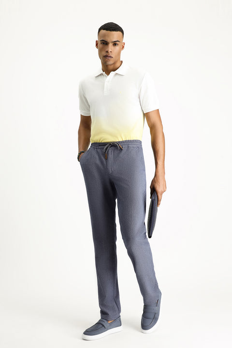 Light Navy Blue Slim Fit Narrow Cut Elasticated Waist Drawstring Patterned Spandex Trousers