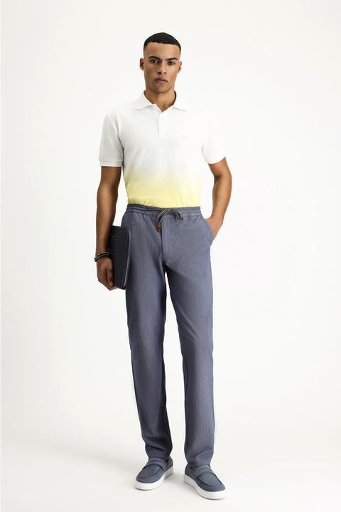 Light Navy Blue Slim Fit Narrow Cut Elasticated Waist Drawstring Patterned Spandex Trousers