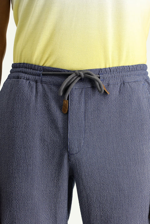 Light Navy Blue Slim Fit Narrow Cut Elasticated Waist Drawstring Patterned Spandex Trousers