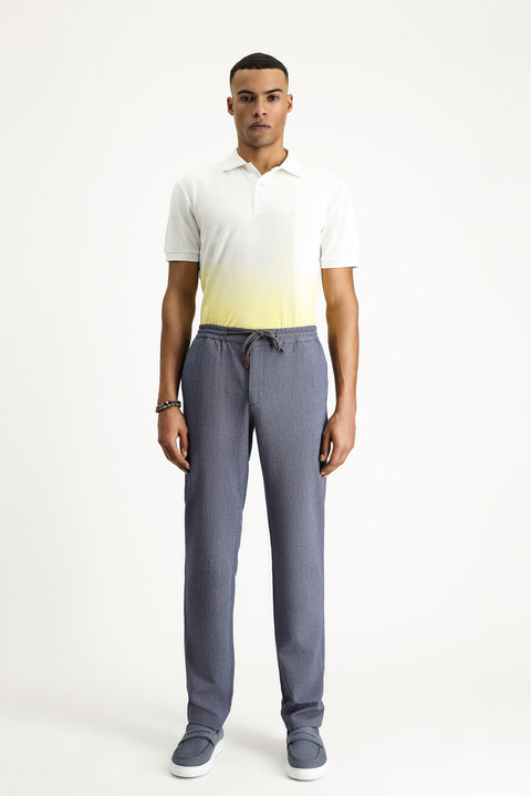 Light Navy Blue Slim Fit Narrow Cut Elasticated Waist Drawstring Patterned Spandex Trousers