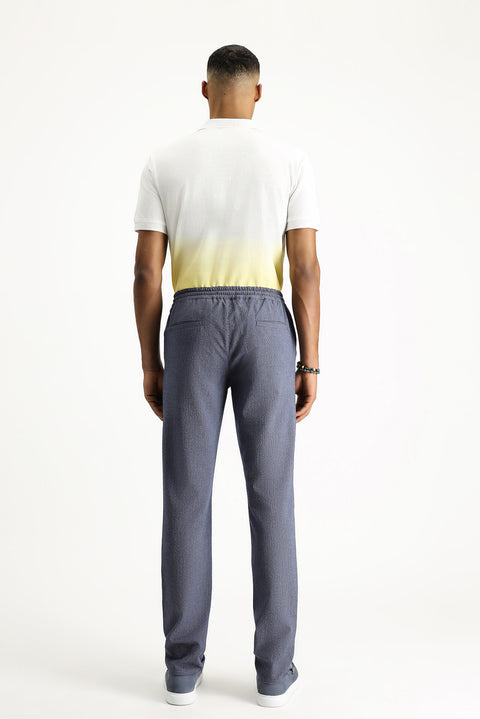Light Navy Blue Slim Fit Narrow Cut Elasticated Waist Drawstring Patterned Spandex Trousers