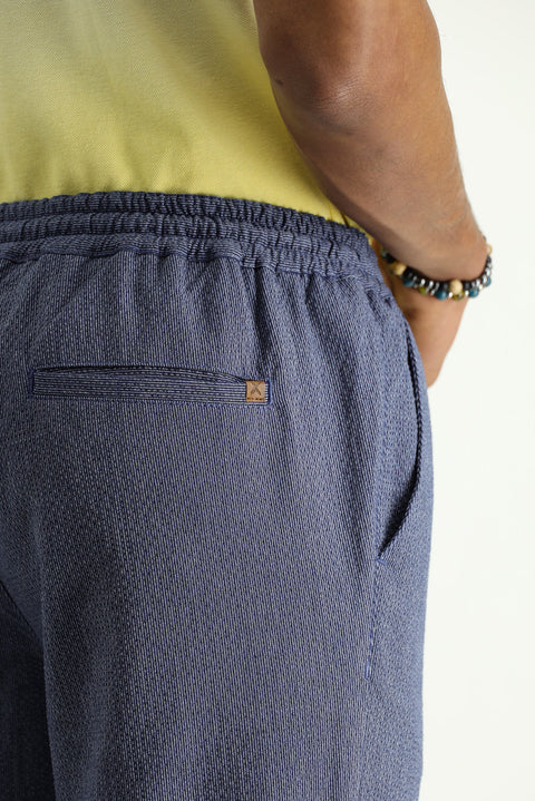 Light Navy Blue Slim Fit Narrow Cut Elasticated Waist Drawstring Patterned Spandex Trousers