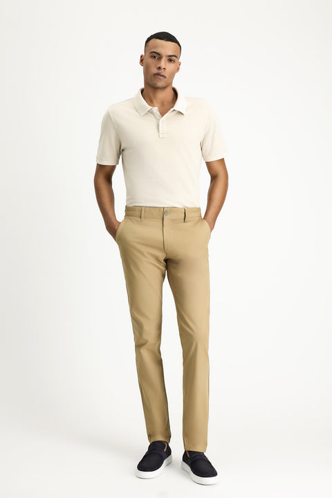 Dark Beige Slim Fit Narrow Cut Patterned Lycra Canvas / Chino Trousers