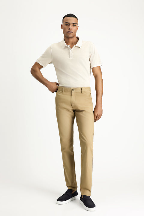 Dark Beige Slim Fit Narrow Cut Patterned Lycra Canvas / Chino Trousers