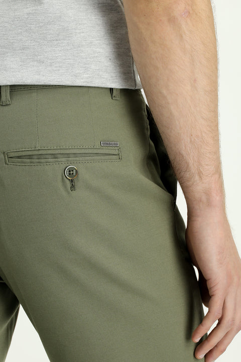 Medium Khaki Slim Fit Patterned Stretchy Canvas / Chino Trousers