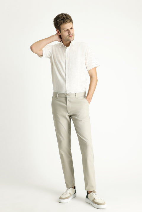Light Mink Relaxed Fit Patterned Lycra Canvas / Chino Trousers