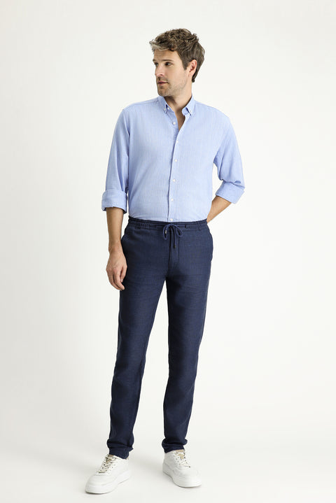 Medium Navy 6 Drop Regular Fit Linen Chino/Canvas Trousers with Drawstring Waist