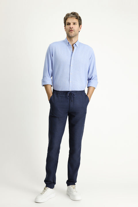 Mid Navy Regular Fit Standard Cut Elasticated Waist Drawstring Linen Blend Trousers