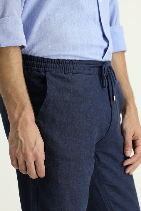 Mid Navy Regular Fit Standard Cut Elasticated Waist Drawstring Linen Blend Trousers