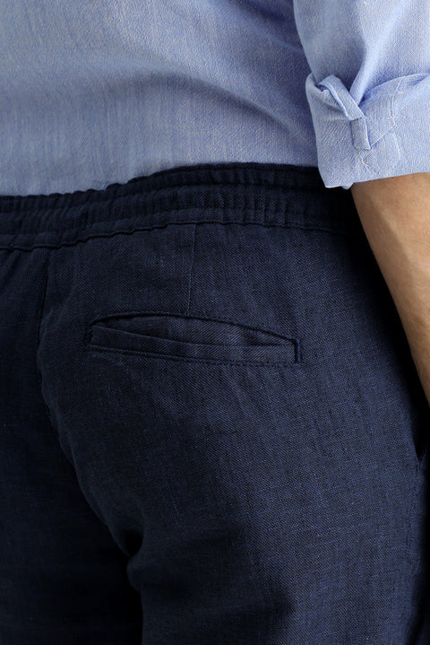 Medium Navy 6 Drop Regular Fit Linen Chino/Canvas Trousers with Drawstring Waist