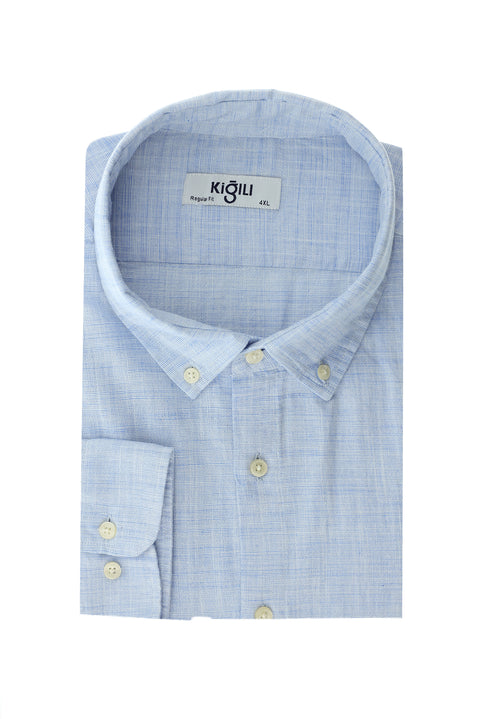 Sky Blue Plus Size Long Sleeve Patterned Cotton Button-Down Collar Shirt