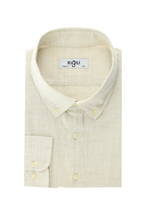 Light Beige Plus Size Long Sleeve Patterned Cotton Button-Down Collar Shirt