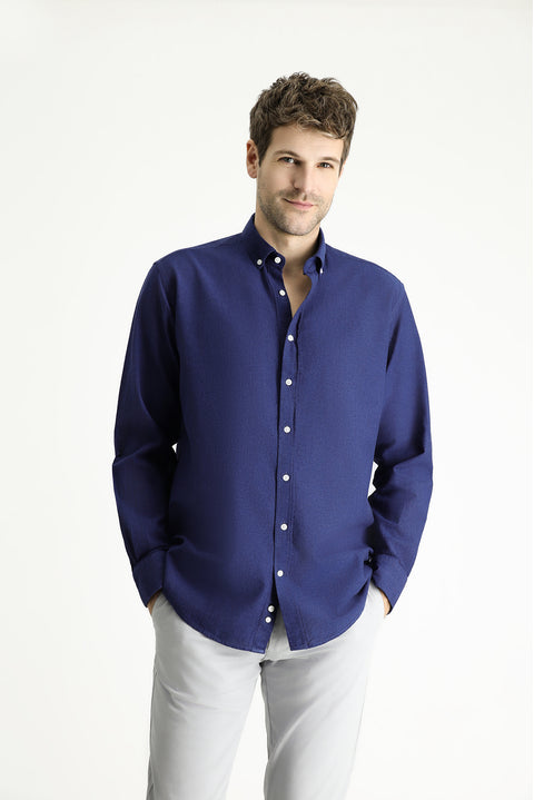 Dark Navy Long Sleeve Regular Fit Patterned Sporty Cotton Button-Down Collar Shirt