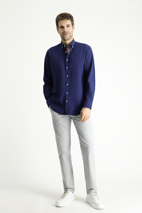 Dark Navy Long Sleeve Regular Fit Patterned Sporty Cotton Button-Down Collar Shirt