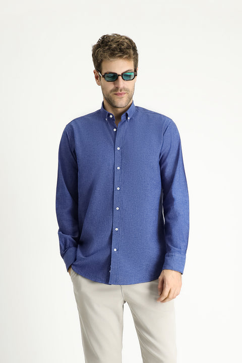 Blue Long Sleeve Regular Fit Patterned Sporty Cotton Button-Down Shirt