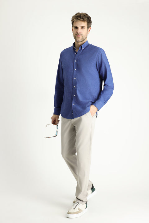 Blue Long Sleeve Regular Fit Patterned Sporty Cotton Button-Down Shirt