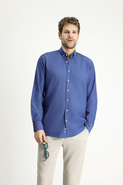 Blue Long Sleeve Regular Fit Patterned Sporty Cotton Button-Down Shirt
