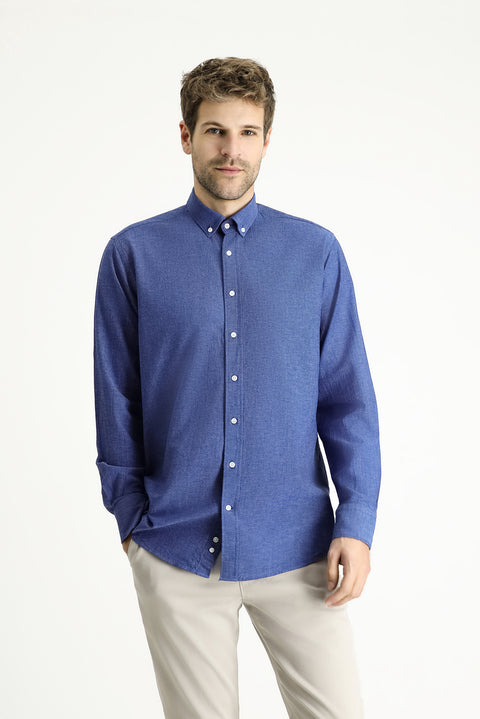 Blue Long Sleeve Regular Fit Patterned Sporty Cotton Button-Down Shirt